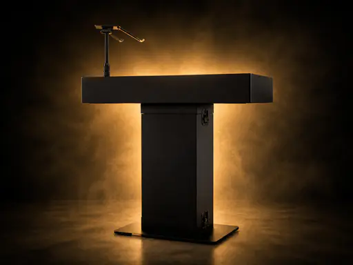 Premium DJ booth with backlit fabric facade glowing warm gold against a dark room