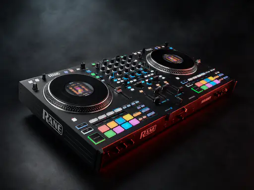 Rane Performer DJ controller on a matte black surface, warm red rim light