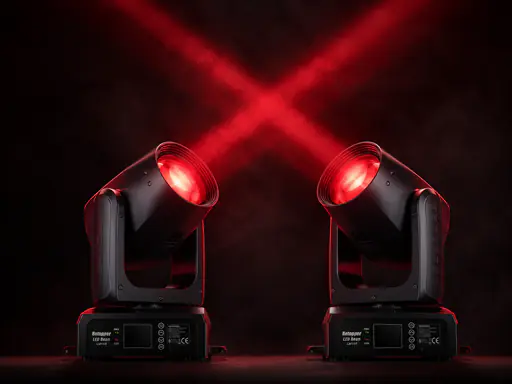 Pair of moving head fixtures throwing crossed red beams through haze