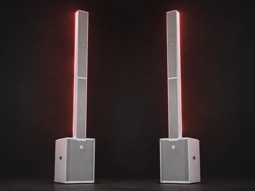 Pair of LD MAUI 28 G2 column PA speakers in a stereo stance with red rim light