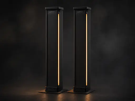 Pair of slim black DJ light stands with folding baseplates, warm amber rim