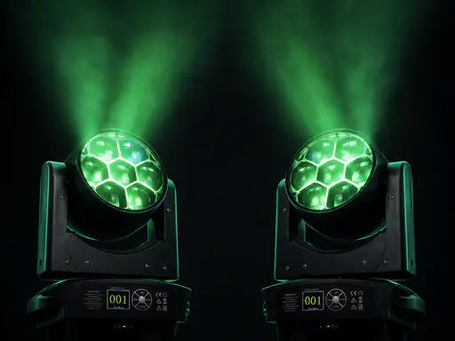 Pair of LED wash lights casting a green wash into atmospheric haze