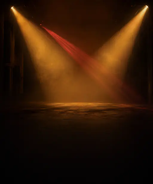 Empty event room at evening lit by warm gold wash beams and a red moving-head accent cutting through atmospheric haze